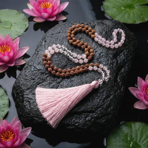 Мала «ANAHATA» (розовый кварц + рудракша + горный хрусталь)